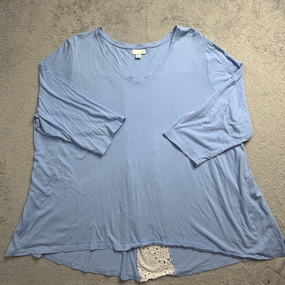 J. Jill Blue V-Neck Top Eyelet Lace Back Split Hem 3/4 Sleeve Plus Size 3X